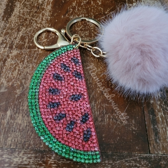 Rhinestone Watermelon Pom Pom Keychain Bag Charm - Picture 9 of 17